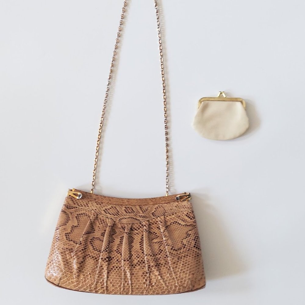 Finesse La Model Brown Snakeskin Clutch Handbag Chain Coin Purse VTG